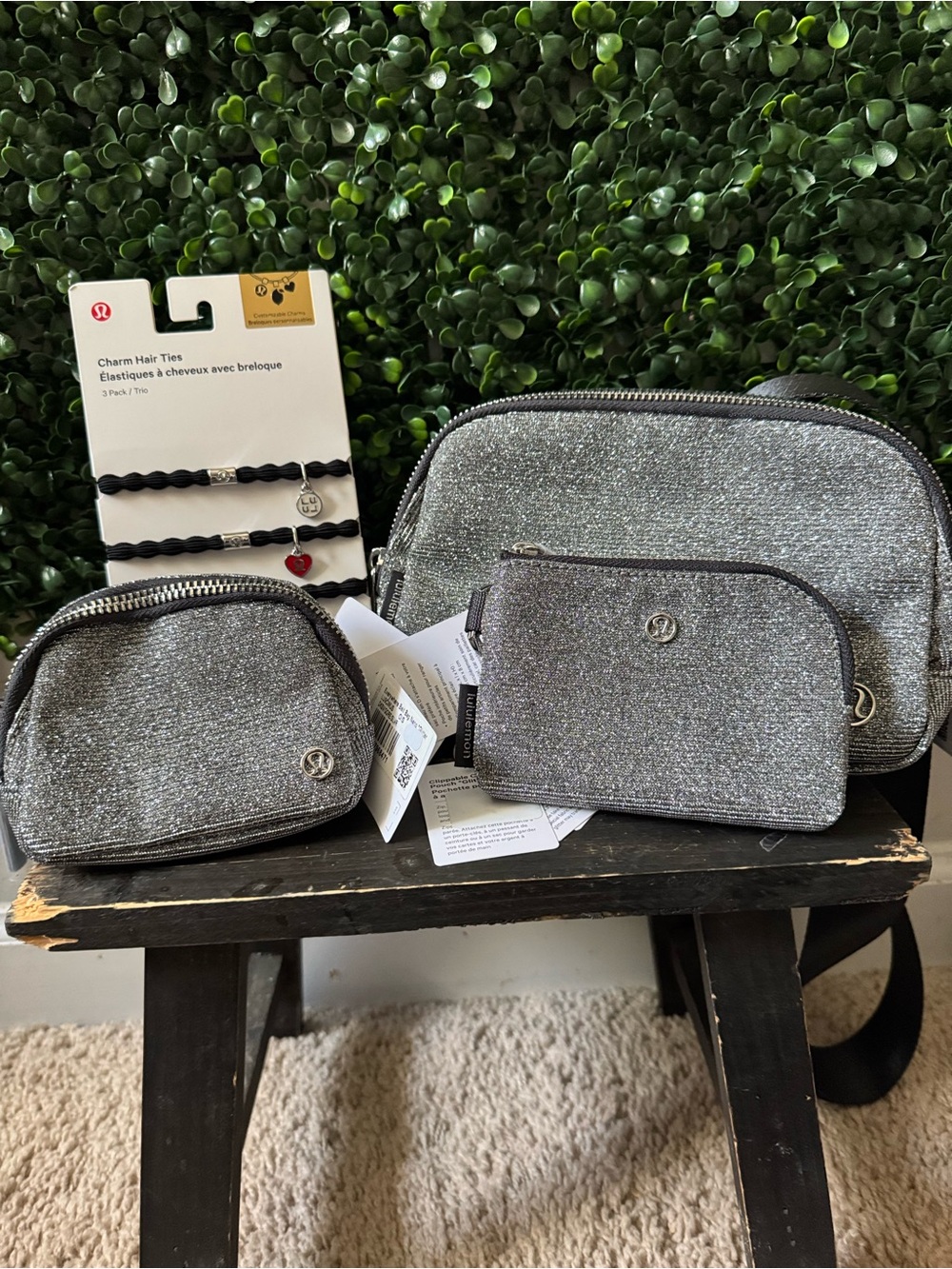 LULULEMON SILVER GLITTER BELT BAG NANO BAG CARD POUCH & CHARM HAIR TIES GIFT SET